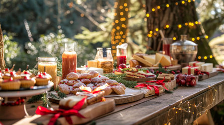 Festive outdoor Christmas table setup with holiday pastries, cheeses, decorations, and Christmas tree lights in a snowy forest. Concept of holiday celebration, winter picnic, seasonal treats, festive decoration.の素材