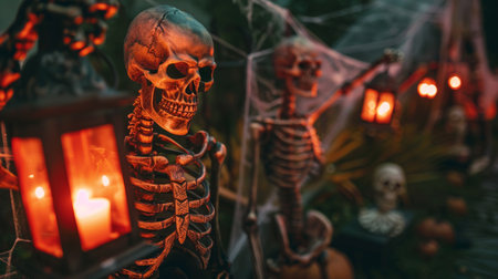 Halloween skeleton figures holding lanterns surrounded by spider webs and autumn leaves. Concept of spooky decoration, horror, autumn festivity, and Halloween night.の素材