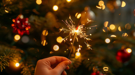 Female hand with red nails holding a sparkling firework in front of decorated Christmas tree. Concept of holiday celebration, festive event, New Year's Eve, cheerful moments. Festive background.の素材