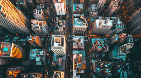 Aerial view of a large metropolitan city at sunset. Concept of urban landscape, cityscape architecture, and downtown high-rise buildings.の素材