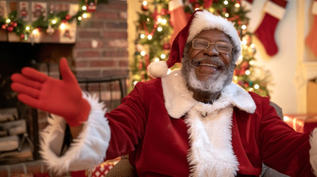 Afro-American Santa Claus in Festive Christmas Setting with Fireplace and Decorated Mantel. Concepts of Holiday Celebration, Festivity, Christmas Spirit, and Joy.の素材
