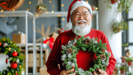 Asian elderly man dressed as Santa Claus holding a festive Christmas wreath with pine cones. Concept of holiday cheer, Christmas decoration, senior male Santa, joyous celebration.の素材