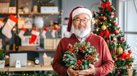 Asian elderly man dressed as Santa Claus holding a festive Christmas wreath with pine cones. Concept of holiday cheer, Christmas decoration, senior male Santa, joyous celebration.の素材