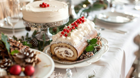 Elegant Holiday Dessert Table with Yule Log Cake and Coconut Cream Cake. Concept of festive celebration, Christmas desserts, winter holiday decor.の素材