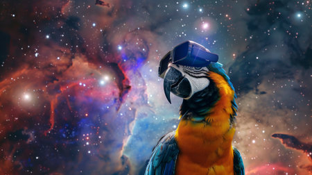 Parrot Wearing Virtual Reality Glasses in a Vibrant Galaxy Scene. Concept of Animal in Tech, Space Exploration, Innovation, and Futuristic Imagery.の素材