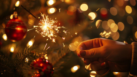 Human Hand Holding Sparkler with Bokeh Background and Festive Decorations. Concept of Celebration, Festivity, New Year, and Christmas.の素材