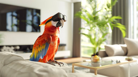 Parrot Wearing Virtual Reality Glasses in a Modern Living Room. Concept of Technology for Pets, Colorful Parrot, Indoor Avian Lifestyle, Virtual Reality Experience.の素材