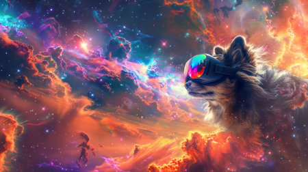 Pomeranian Dog Wearing Virtual Reality Glasses in a Vibrant Cosmic Scene. Concept of Virtual Reality for Pets, Futuristic Pet Gadgets, Extraterrestrial Exploration, Cosmic Adventure.の素材