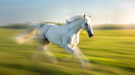 Majestic white horse galloping at full speed on a blurred green field. Concept of freedom, power, equine grace, horse racing, Gallop, Fast Speed, Beauty in Motion, Freeze Frame, nature.の素材