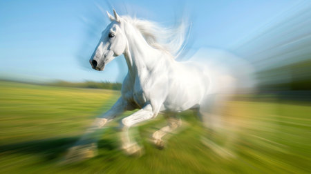 Majestic white horse galloping at full speed on a blurred green field. Concept of freedom, power, equine grace, horse racing, Gallop, Fast Speed, Beauty in Motion, Freeze Frame, nature.の素材