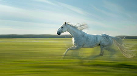 Majestic white horse galloping at full speed on a blurred green field. Concept of freedom, power, equine grace, horse racing, Gallop, Fast Speed, Beauty in Motion, Freeze Frame, nature.の素材