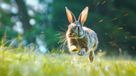 Rabbit Racing Across a Grassy Meadow in a Blurred Motion Background. Concept of Wildlife, Speed, Nature, Animal Behavior, Beauty in Motion, Freeze Frame.の素材