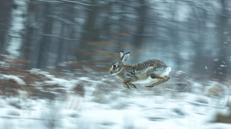 Dynamic Photo of a Rabbit Racing Through a Snowy Meadow. Concept of Speed, Wildlife, Winter, Nature, Beauty in Motion, Freeze Frame.の素材