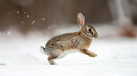 Dynamic Photo of a Rabbit Racing Through a Snowy Meadow. Concept of Speed, Wildlife, Winter, Nature, Beauty in Motion, Freeze Frame.の素材