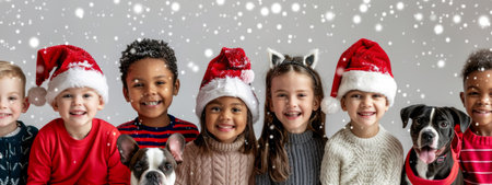 Smiling Children and Dogs Wearing Festive Hats in a Winter Scene. Concept of Diversity, Holiday Cheer, Friendship, Celebration, Multicultural Unity. Copy space. Banner.の素材