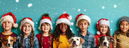Multiracial children with dog wearing Santa hats smiling and enjoying snowfall. Concept of Christmas celebration, holiday season, multicultural kids, festive cheer, Multicultural Unity. Copy space. Banner.の素材