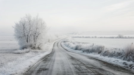 Serene Rural Road Covered in Snow with Frost-Covered Trees. Concept of Winter Landscape, Tranquil Nature, Snowy Countryside, Scenic Road.の素材