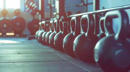 Black kettlebells neatly arranged on a gym floor. Concept of fitness equipment, strength training, workout routine, gym accessories.の素材