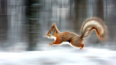 A squirrel darting across a snowy forest. Concept of wildlife, nature, winter, forest animal, Fast Speed, Beauty in Motion, Freeze Frame.の素材