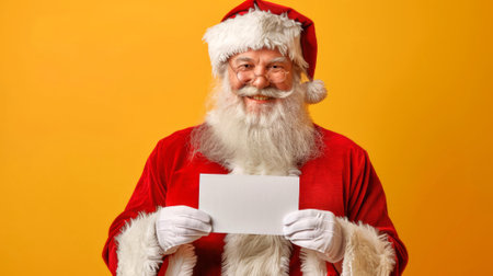 Santa Claus holding blank white card in front of Christmas tree and yellow background. Concept of festive holiday season, Christmas greetings. Greeting card, postcard, mockup, invitation. Copy space.の素材