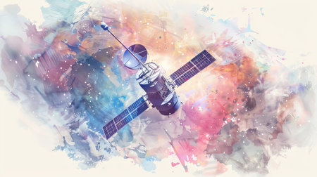 Watercolor art of a satellite floating in outer space with a colorful galaxy background. Concept of space exploration, astronomy, cosmic technology.の素材
