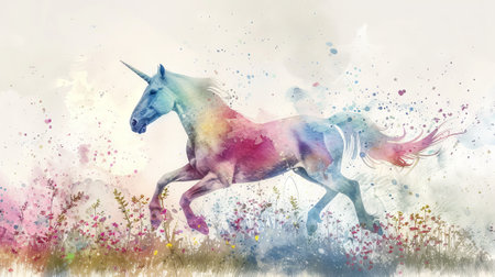 Ethereal watercolor illustration of a unicorn galloping through a floral meadow. Concept of fantasy, nature, beauty, magic, fairytale.の素材