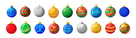 Various colorful Christmas ornaments with different designs and patterns arranged in a row. Isolated on white background, Concept of holiday decorations, festive season, ornament collection. Setのイラスト素材