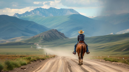 Cowboy riding a brown horse through a picturesque landscape. Concept of western lifestyle, cowboy culture, rural adventure, outdoor freedom.の写真素材