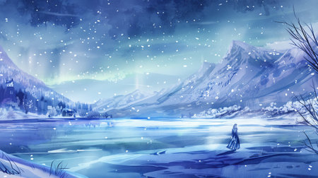 Enchanting winter landscape with a cloaked figure standing by a snowy riverbank surrounded by majestic mountains and falling snowflakes. Concept of solitude, natural beauty, winter wonderland.の写真素材