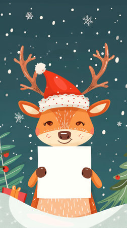 Cute Christmas Deer Holding Empty White Card. Concept of Holiday, Festive Greeting, Winter Message, Celebration. Vertical. Cartoon illustration. Greeting card, postcard, mockup with copy space.の写真素材