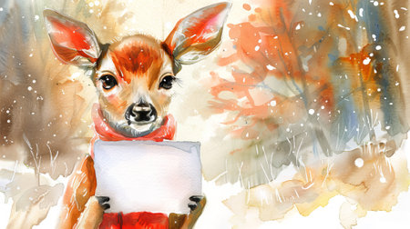 Watercolor illustration of cute Christmas deer holding empty white card in the snow. Concept of holiday animal, winter, blank sheet of paper for message. Greeting, postcard, mockup with copy space.の写真素材