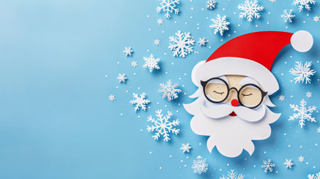 Paper Craft Santa Claus with Glasses on Blue Background. Concept of Christmas Decoration, Holiday Season, Festive Art, Creative Design. Greeting card, postcard, mockup, invitation. Copy space.の写真素材