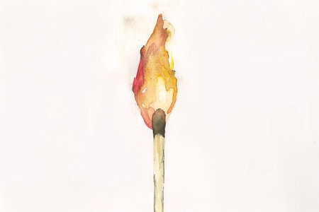 Vibrant Watercolor Illustration of a Burning Matchstick. Concept of Fire, Flame, Combustion, Heat.の写真素材