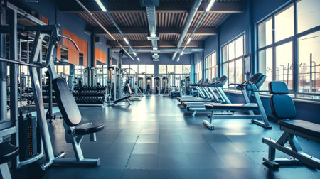 Modern empty gym with treadmills and weight machines in a large sunlit space. Concept of fitness...