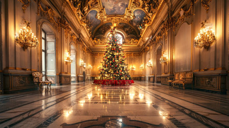 Grand staircase in a luxurious mansion adorned with Christmas decorations and a beautifully lit tree. Concept of holiday season, festive decoration, opulent interiors, yuletide celebration.の写真素材