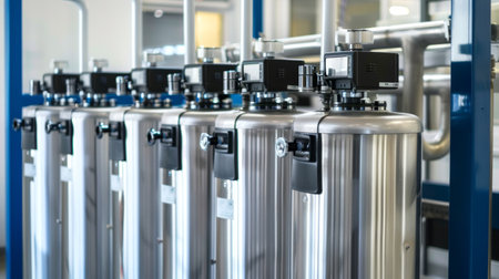 Close-up view of a modern water filtration system with stainless steel pipes and gauges in an industrial setting. Concept of water purification, clean technology, industrial equipment, and fluid management.の写真素材