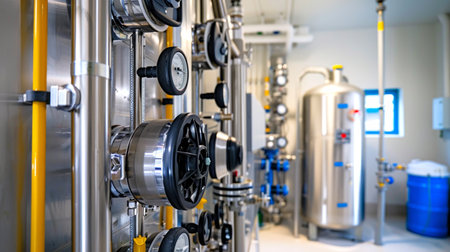 Close-up view of a modern water filtration system with stainless steel pipes and gauges in an industrial setting. Concept of water purification, clean technology, industrial equipment, and fluid management.の写真素材