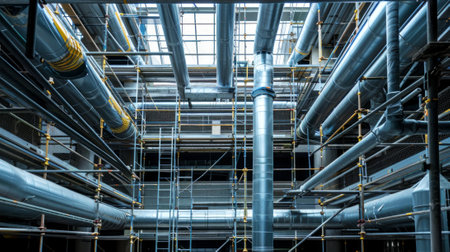 Industrial metal pipes and scaffolding in a factory environment. Concept of construction, manufacturing, engineering, industrial infrastructure.の写真素材