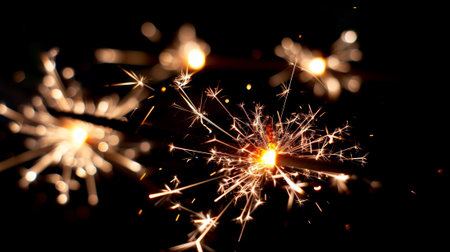 Two burning sparklers illuminating the dark. Concept of celebration, festive occasions, New Year's...