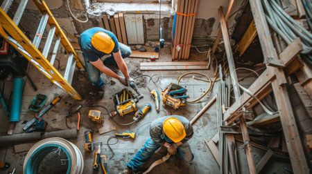 Construction workers wearing yellow helmets working on a residential renovation site. Concept of construction, renovation, labor, teamwork.の写真素材