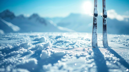 Pair of skis standing upright in snowy mountain terrain under bright blue sky. Concept of winter sport skiing, outdoor adventure, alpine landscape, frozen wilderness.の写真素材
