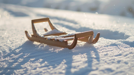 Wooden sled on a snowy landscape. Concept of winter sports, outdoor activities, childhood nostalgia, seasonal recreation.の写真素材