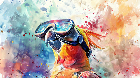 Colorful parrot wearing virtual reality headset against abstract splattered background Concept of exotic bird, VR technology, digital innovation, creative design.の写真素材