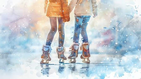 Watercolor art of two girls ice skating on a winter day. Concept of winter sport, couple activity, ice skates, outdoors fun, friends.の写真素材