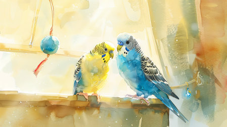 Watercolor illustration of a pair of budgerigars, one yellow and one blue, playing with hanging toys at home. Concept of playful pets, companionship, and colorful home decor.の写真素材