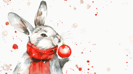 Watercolor illustration of a rabbit in a red scarf holding a Christmas ornament on a snowy background. Concept of holiday season, festive decor, winter celebration, cute animal. Copy space.の写真素材