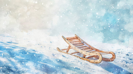 Watercolor painting of wooden sled in snow. Concept of winter, holiday season, traditional sleigh,...