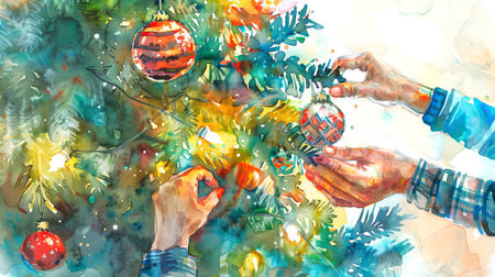 Watercolor illustration of friends joyfully decorating a Christmas tree with colorful ornaments and lights. Concept of holiday spirit, festive traditions, friendship, and seasonal celebration.の写真素材