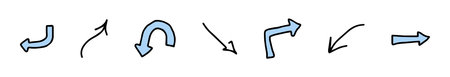 Set of curved hand drawn arrow icons in blue isolated on white background. Concept of navigation, direction, and movement. Illustration. Design elements and symbols.のイラスト素材