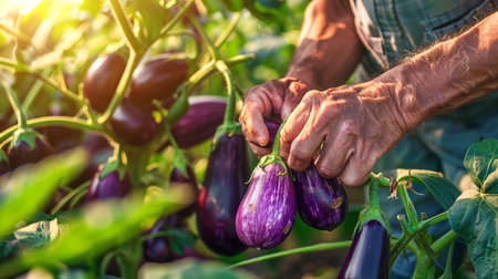 Close-up of Farmer's Hands Harvesting Ripe Eggplants in a Garden. Concept of Agriculture, Farming, Horticulture, Fresh Produce.の写真素材